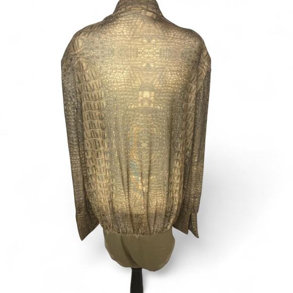 Women’s Brown Crocodile Print Bodysuit Blouse Tan Textured Long Sleeve Top (L) - Picture 4 of 6